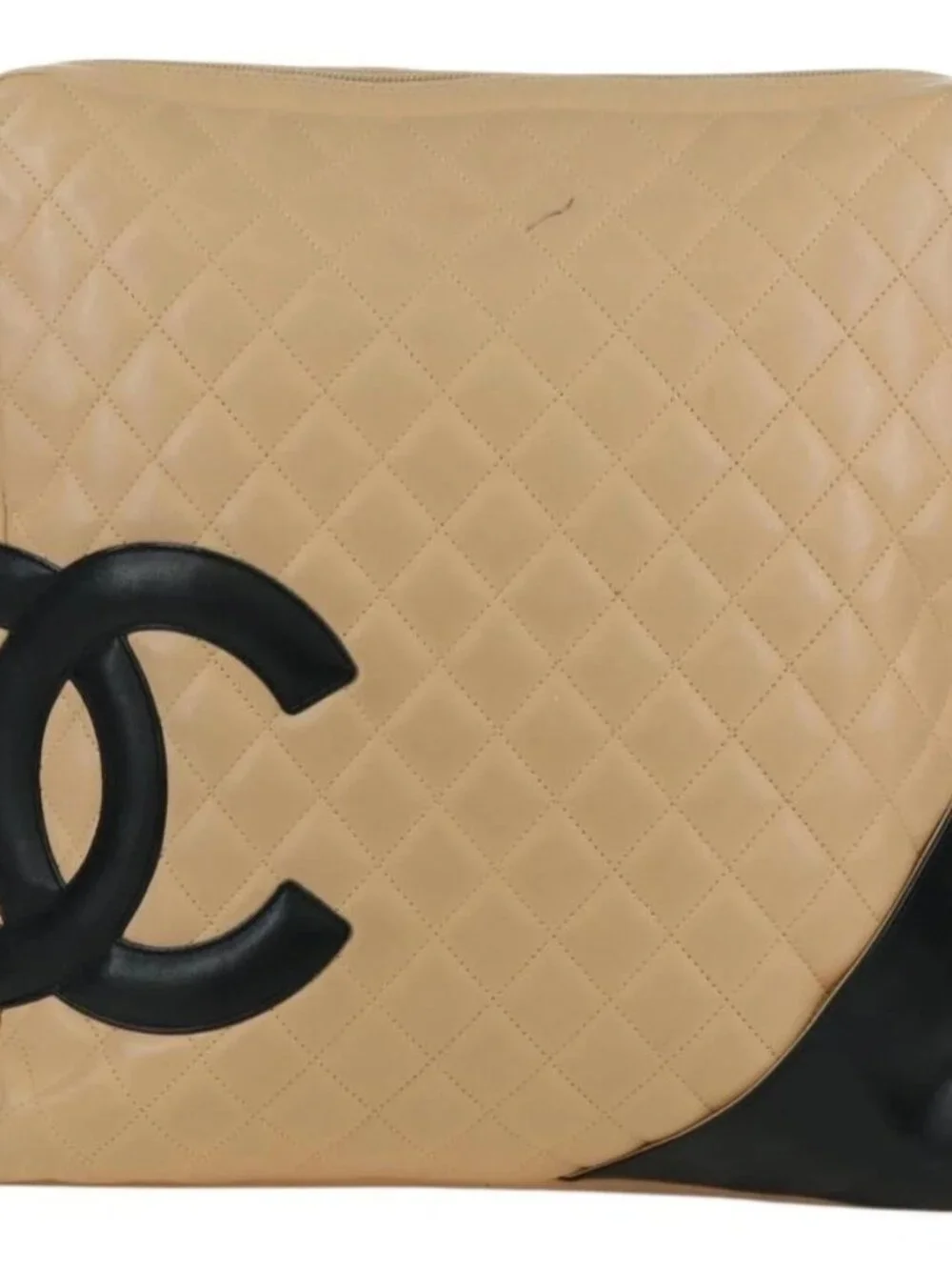 CHANEL Cambon Line Matelasse Shoulder Bag Lamb Skin Beige Black CC Auth am10849V